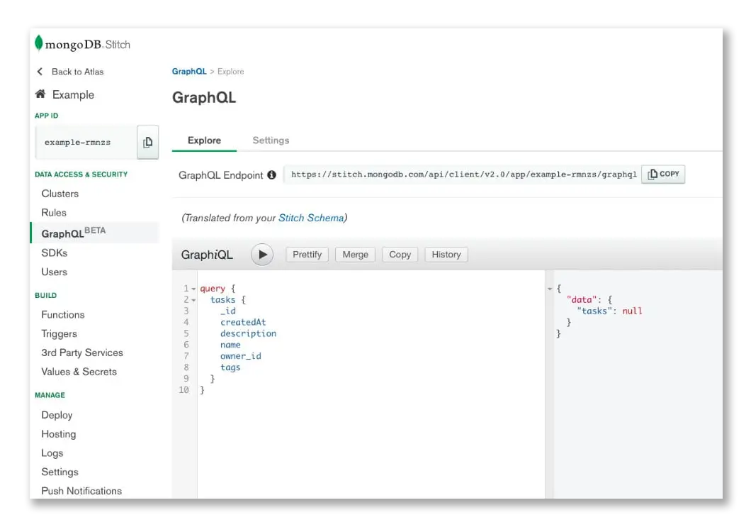 MongoDB Stitch's integrated GraphiQL Interface